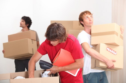 Organized self storage unit with boxed belongings in Norwood